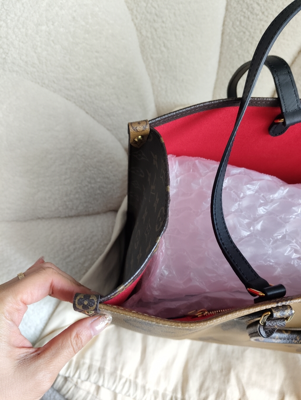 Louis Vuitton Monogram Canvas Tote with Red Interior and Black Straps - Picture 8 of 11